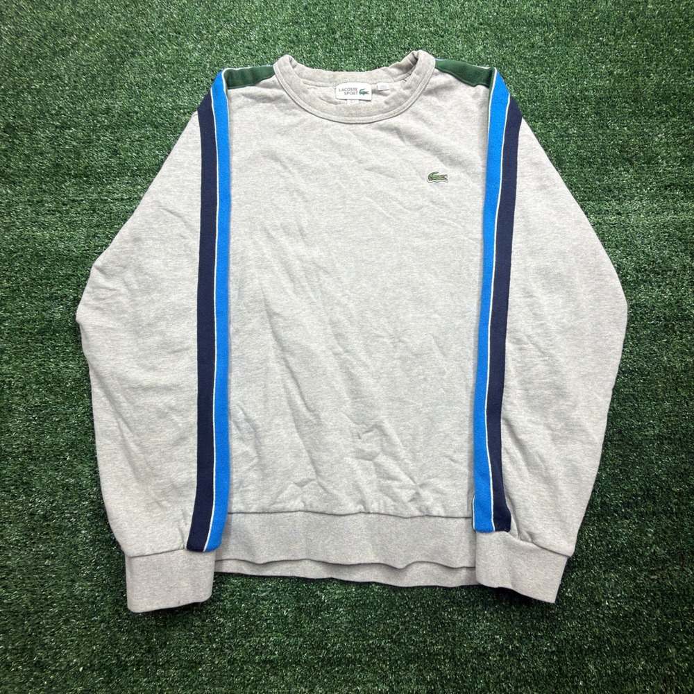 Lacoste Sport Mens Gray Crewneck Sweatshirt Side Stripe Tape Logo Size Large